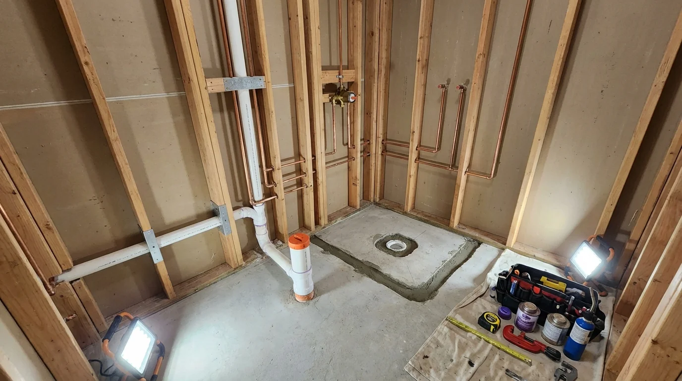 Bathroom rough-in plumbing during remodel by Johns Plumbing LLC in Norwalk