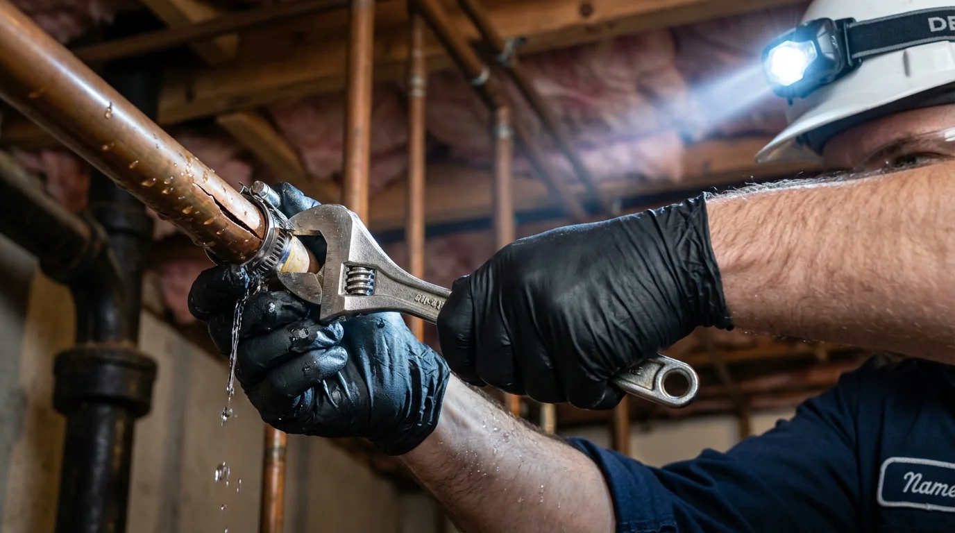 Emergency pipe clamp repair being performed by a Johns Plumbing LLC plumber in Norwalk
