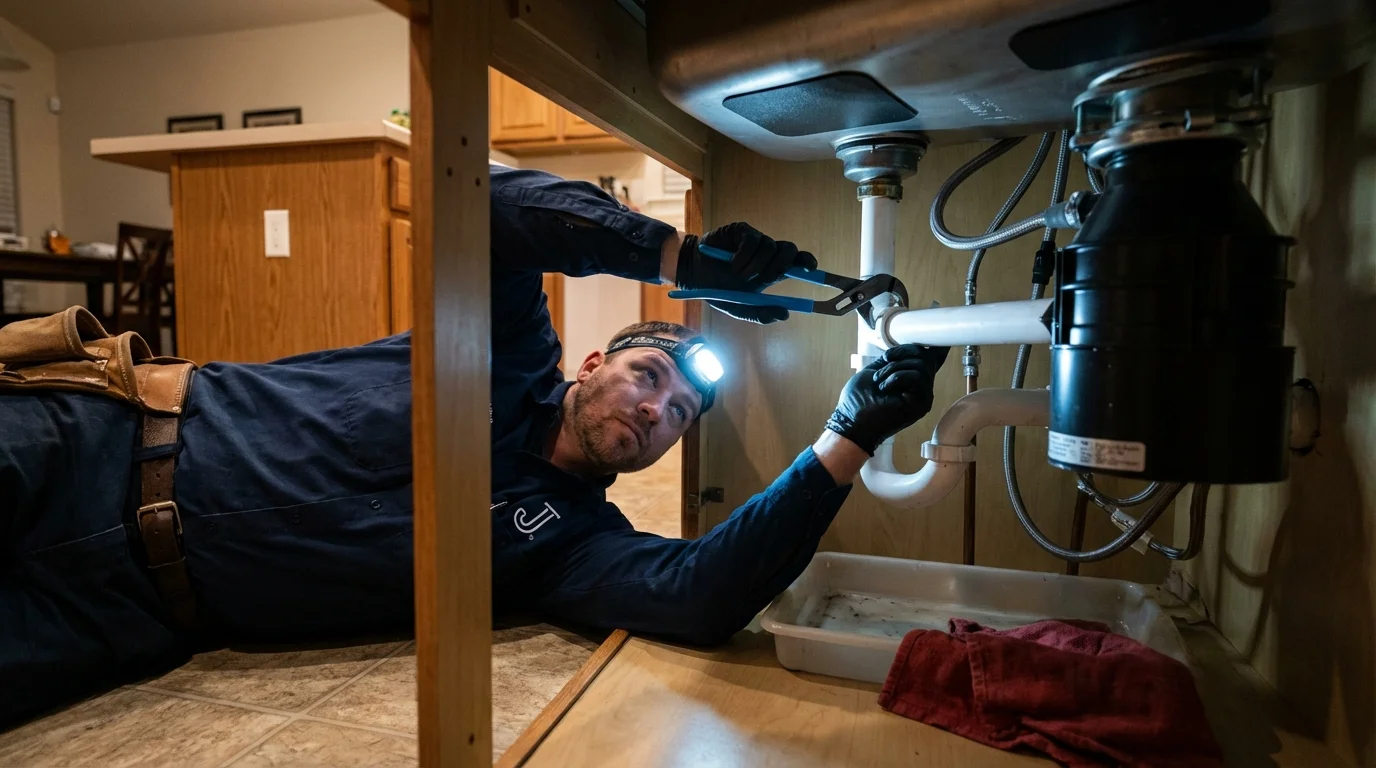 P-trap and supply line connections under a kitchen sink showing a common leak point in Norwalk, CT